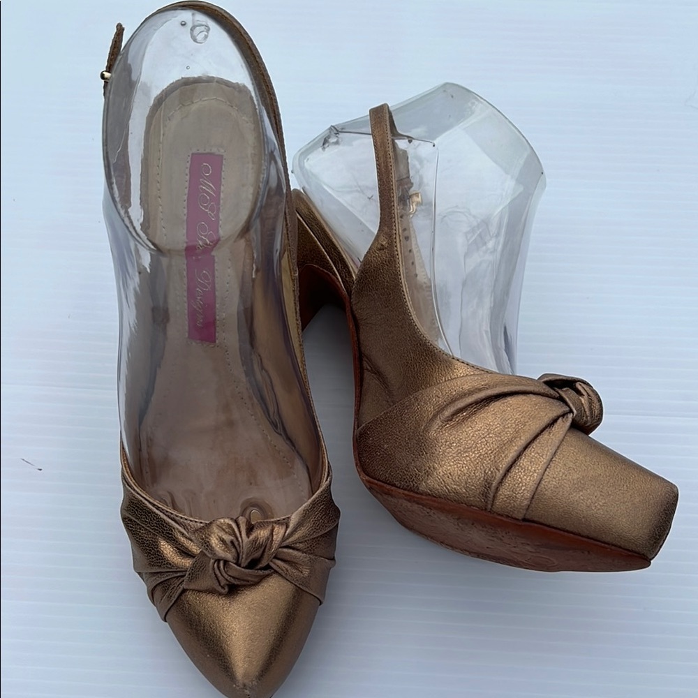 MS SHOE DESIGNS, Imported BRAZIL Metallic Gold Leather Slingback High Heels SZ:7